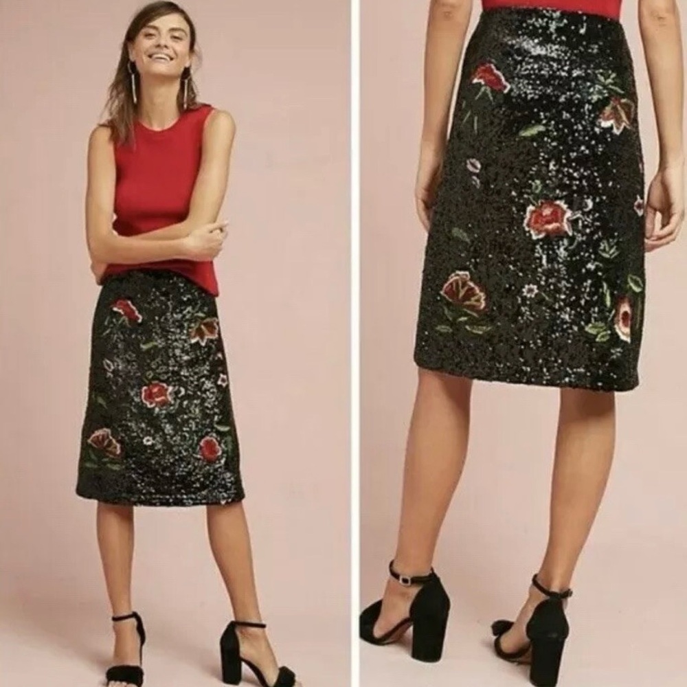 Anthropologie Black Sequin Midi Skirt with Red Floral Embroidery
